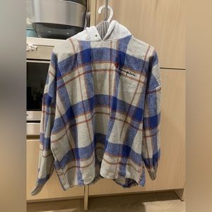 Champion Hoodie, Grey with blue and brown plaid pattern, size M